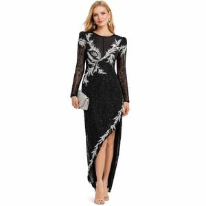 A.J. Bari Beaded Silk Gown Womens 6 Black Silver Vintage 80s Asymmetrical Formal